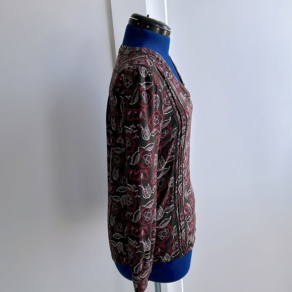 HINGE blouse, size Small, black with burgundy, lavender, and cream print - Picture 3 of 12